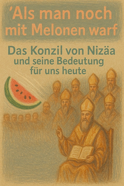 Das Bild zeigt Bischöfe aus der Antike. Wegen dem Titel ist auch eine Melone zu sehen. Zur Zeit des Konzils von Nizäa sollen Marktfrauen mit Melonen aufeinander geworfen haben. Sie waren sich nicht einig ob Jesus Gott und Mensch zugleich ist oder nur Mensch usw. Der Streit damals wurde also nicht nur von Theologen ausgetragen sondern auch von Marktfrauen. Sie stehen stellvertretend für die vielen sogenannten kleinen Leute, die auch damals unterschiedliche Ansichten zum Glauben hatten und diese Ansichten handgreiflich ausgetragen haben.